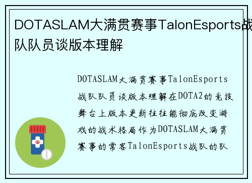 DOTASLAM大满贯赛事TalonEsports战队队员谈版本理解